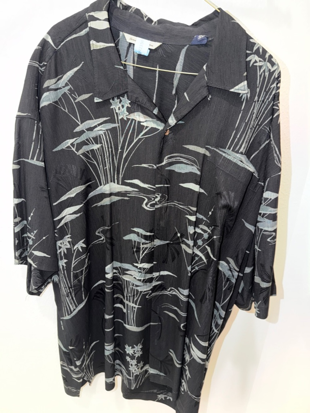 Tommy Bahama Black Hawaiian Shirt with Pale Gray Botanical Print